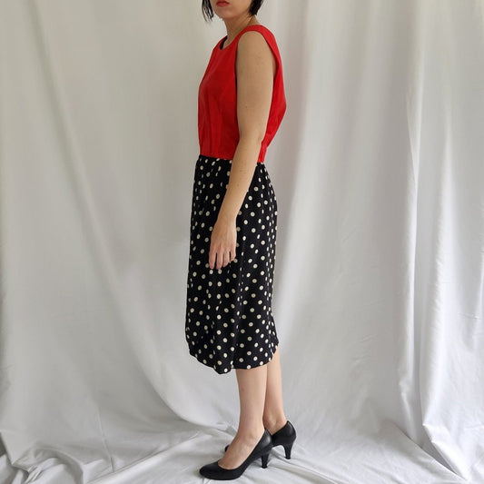 80s Red, Black, and White Silk Blend Polka Dot Dress