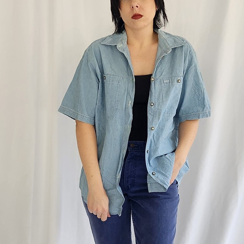 90s/00s 100% Cotton Chambray Short Sleeve Button Down