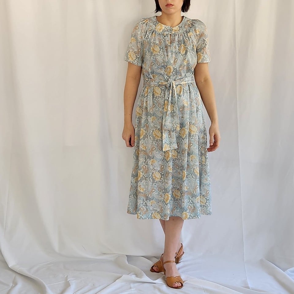 70s Blue and Gold Floral Midi Dress