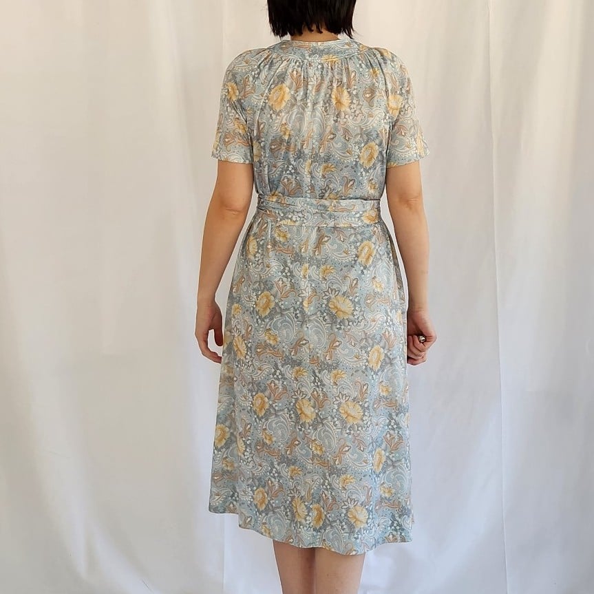 70s Blue and Gold Floral Midi Dress
