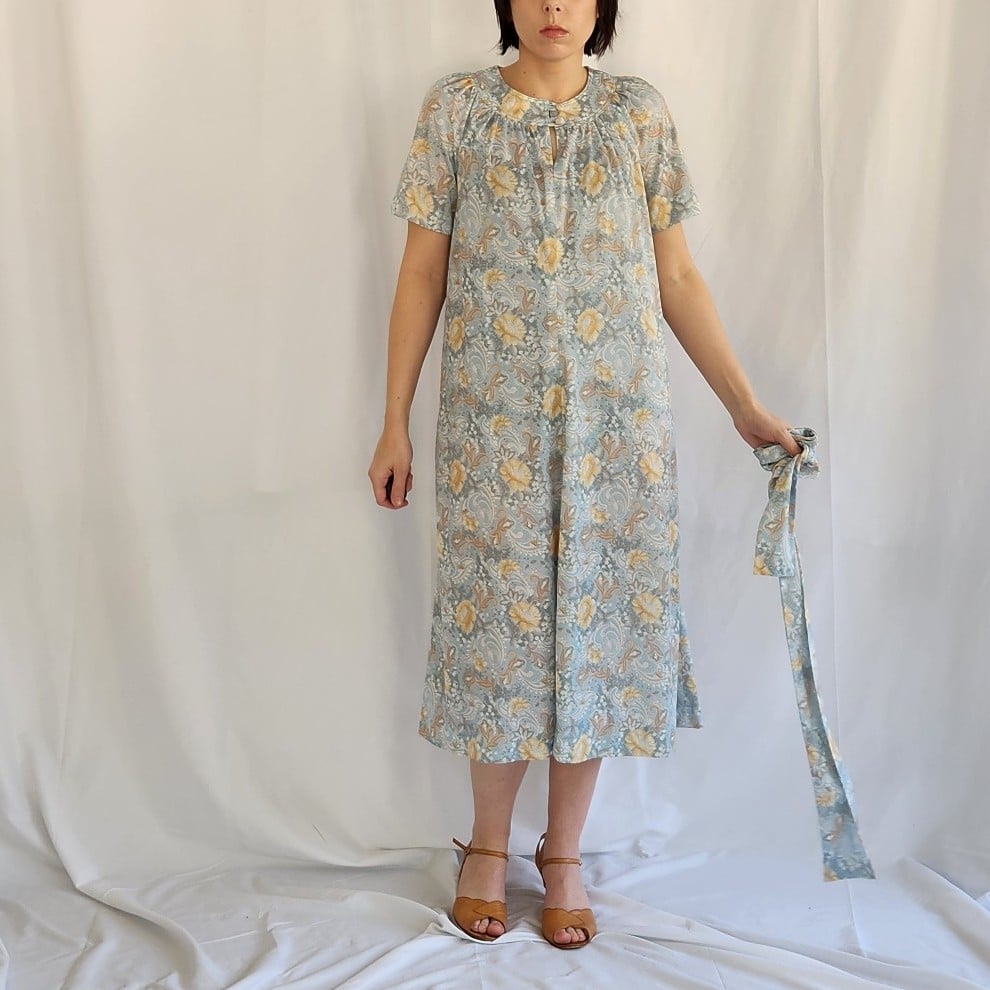 70s Blue and Gold Floral Midi Dress
