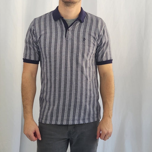 70s/80s Navy and White Herringbone Knit Polo