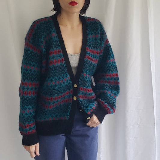 80s/90s Green, Black, and Red Mohair Cardigan