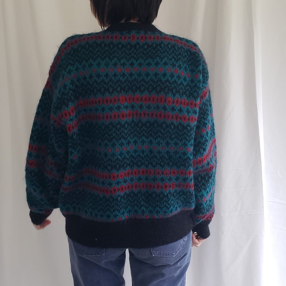 80s/90s Green, Black, and Red Mohair Cardigan