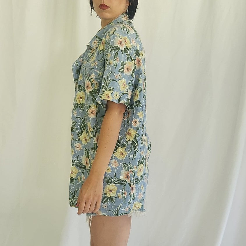 90s/00s Blue Floral Cotton Button Down