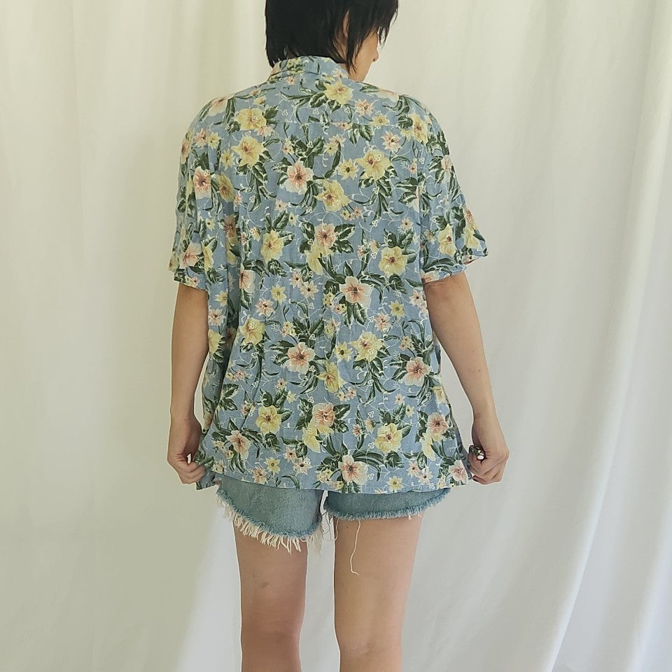 90s/00s Blue Floral Cotton Button Down