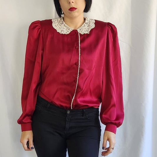 80s Cranberry Blouse with Lace Collar