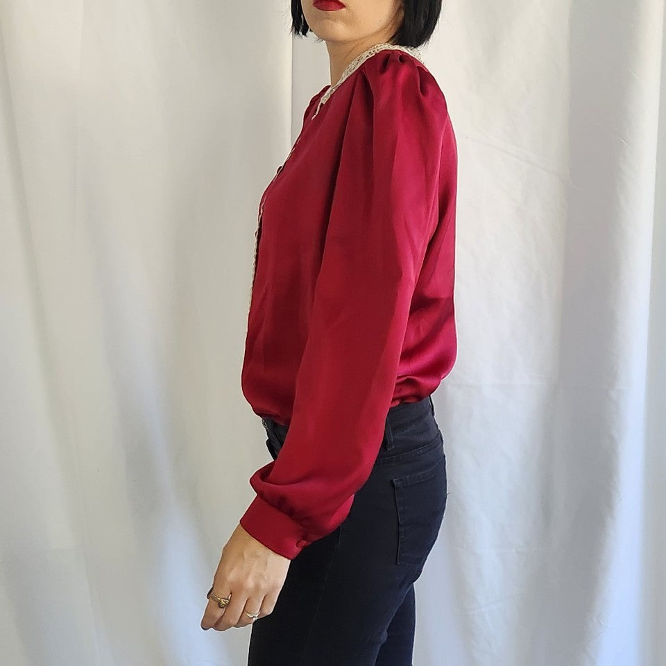 80s Cranberry Blouse with Lace Collar