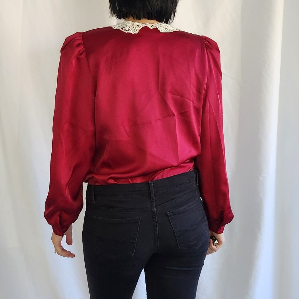 80s Cranberry Blouse with Lace Collar