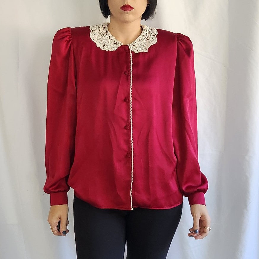 80s Cranberry Blouse with Lace Collar