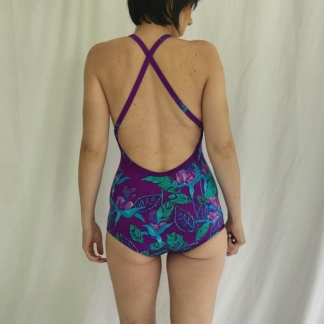 90s Purple, Blue, and Green Floral One Piece Swimsuit