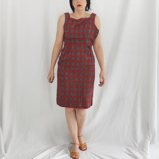 60s/70s Hand Made Square Neck Red and Gray Plaid Wiggle Dress
