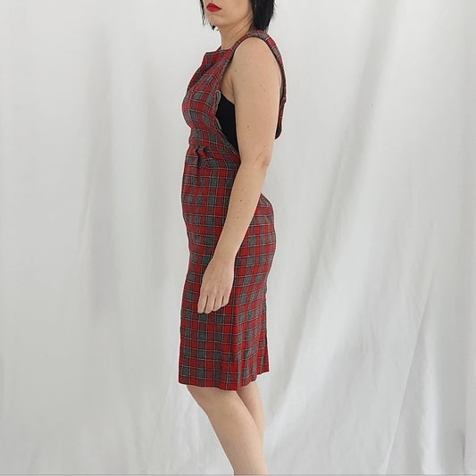 60s/70s Hand Made Square Neck Red and Gray Plaid Wiggle Dress