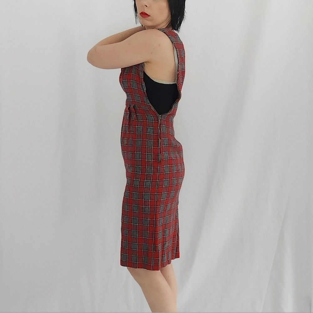 60s/70s Hand Made Square Neck Red and Gray Plaid Wiggle Dress