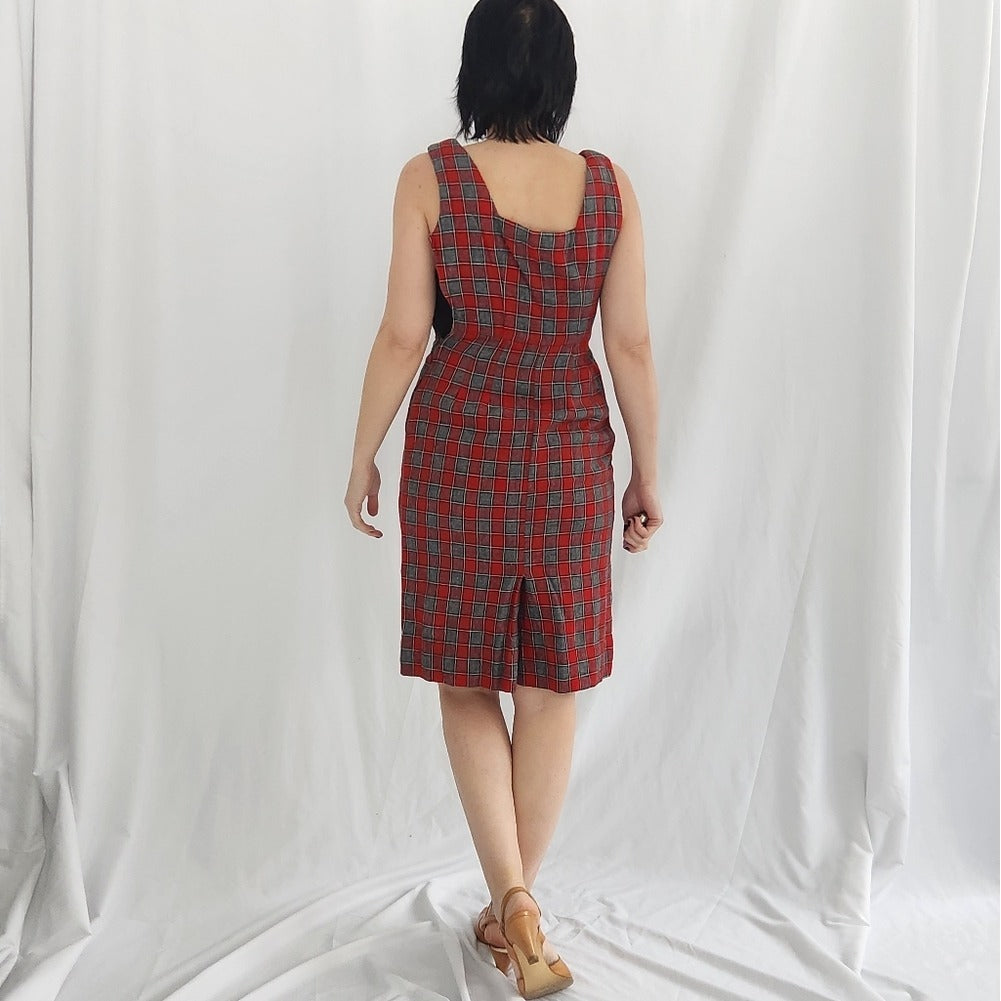 60s/70s Hand Made Square Neck Red and Gray Plaid Wiggle Dress