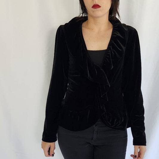 90s/Y2K Black Velvet Frilly Blouse
