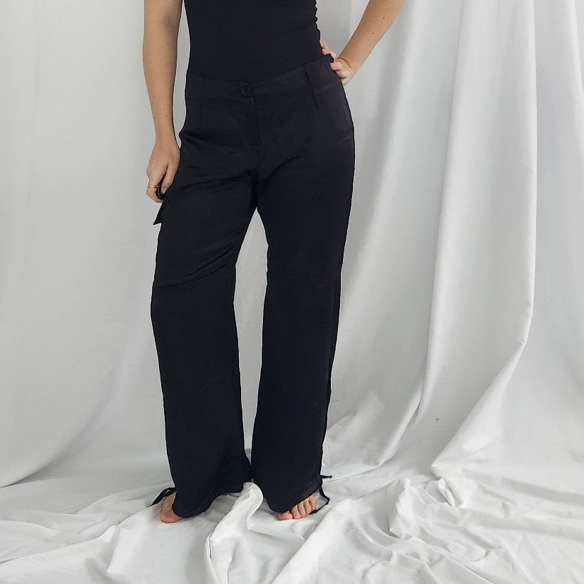 Y2K Black Satin Cargo Pants
