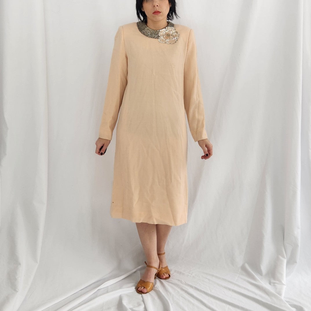 60s Pale Pink Worsted Wool(?) Long Sleeve Midi Dress