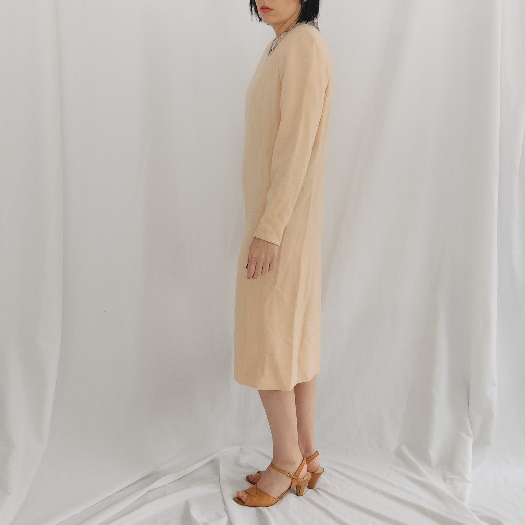 60s Pale Pink Worsted Wool(?) Long Sleeve Midi Dress