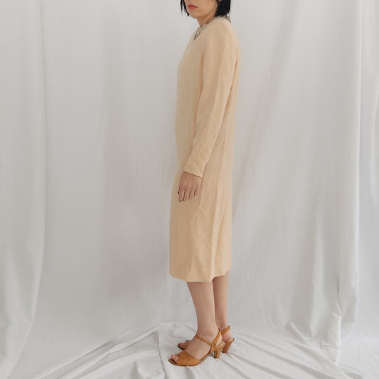 60s Pale Pink Worsted Wool(?) Long Sleeve Midi Dress