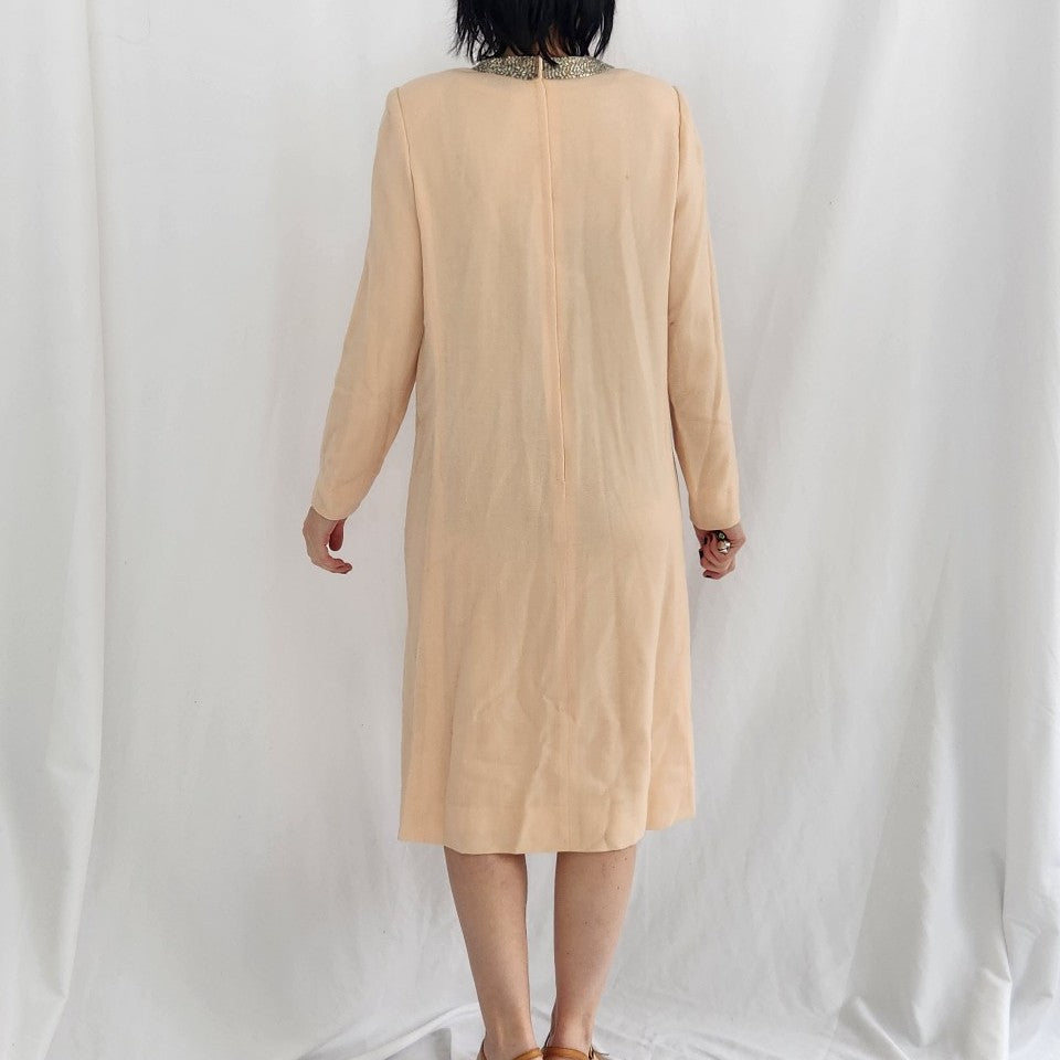 60s Pale Pink Worsted Wool(?) Long Sleeve Midi Dress