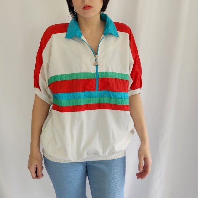 80s White, Red, and Blue Windbreaker Top