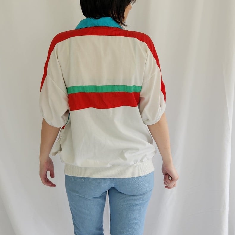 80s White, Red, and Blue Windbreaker Top