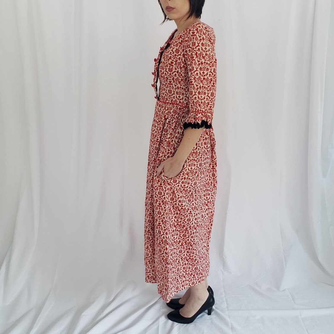 70s Red and Cream Handmade Dress