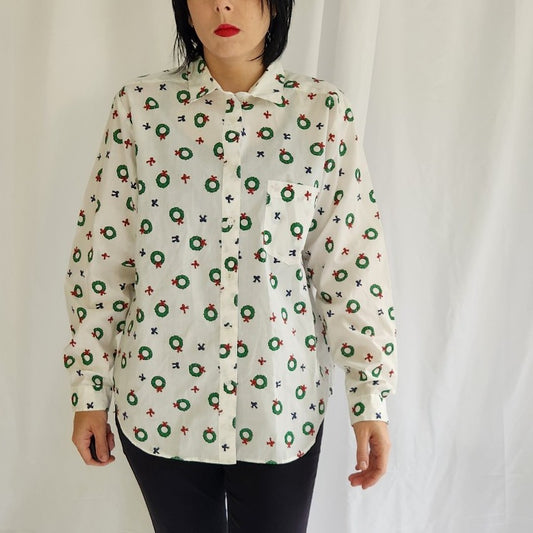 90s Christmas Wreath Print Button Down Shirt