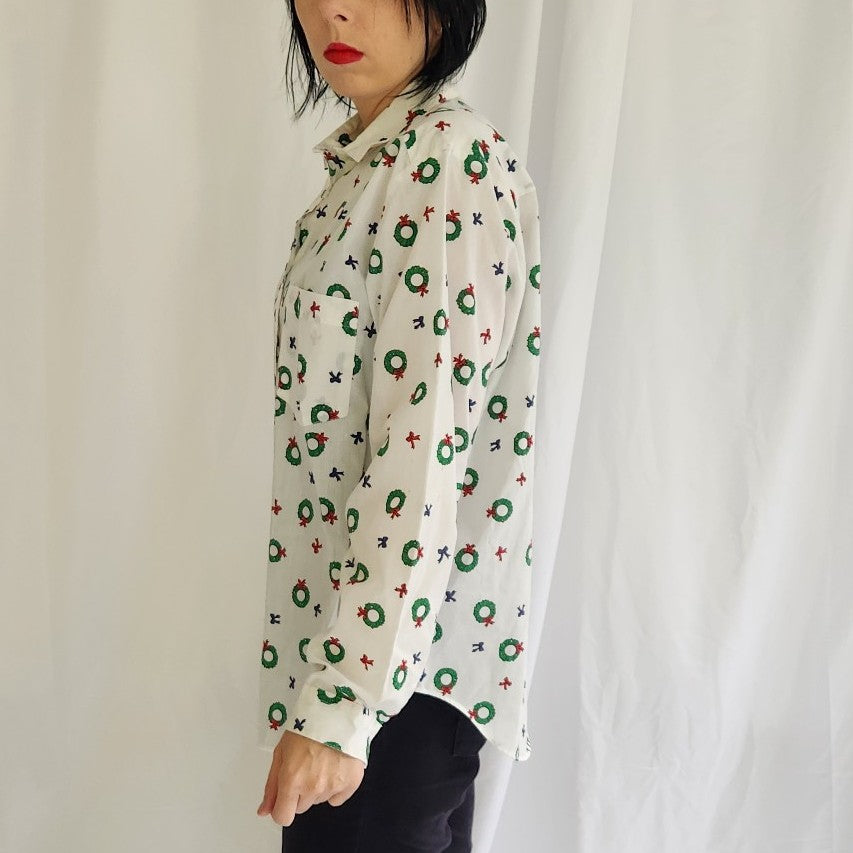 90s Christmas Wreath Print Button Down Shirt