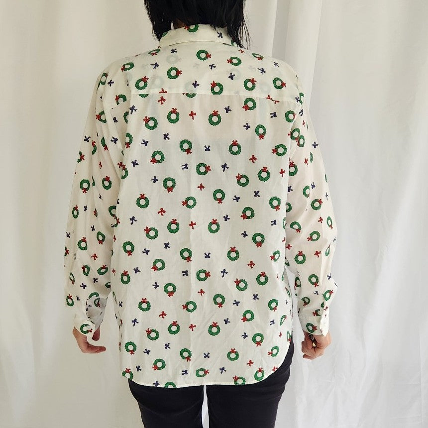 90s Christmas Wreath Print Button Down Shirt