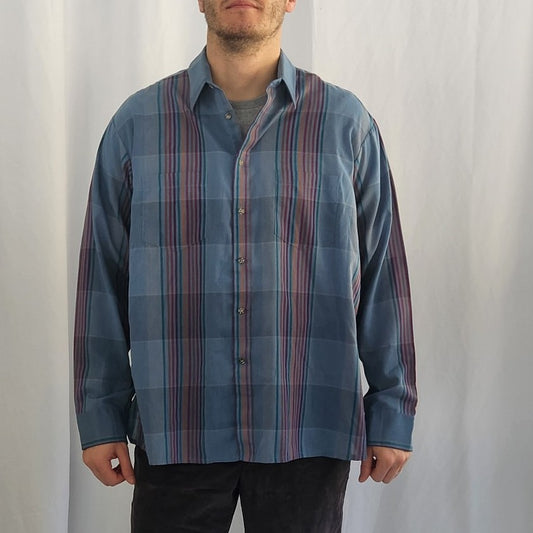 80s Blue, Purple, and Orange Plaid Shirt