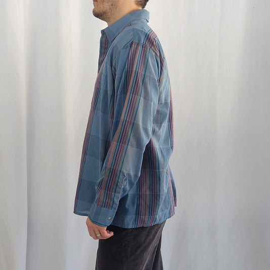 80s Blue, Purple, and Orange Plaid Shirt