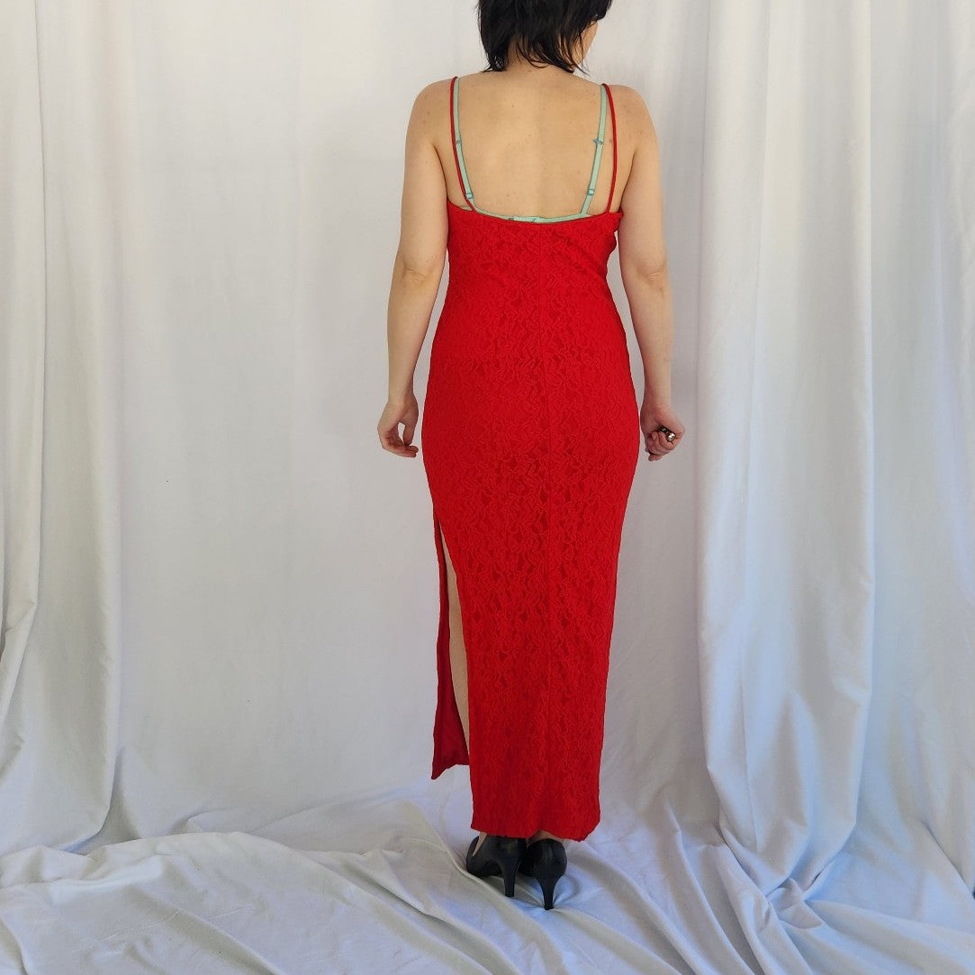 90s/00s Slinky Red Lace Gown
