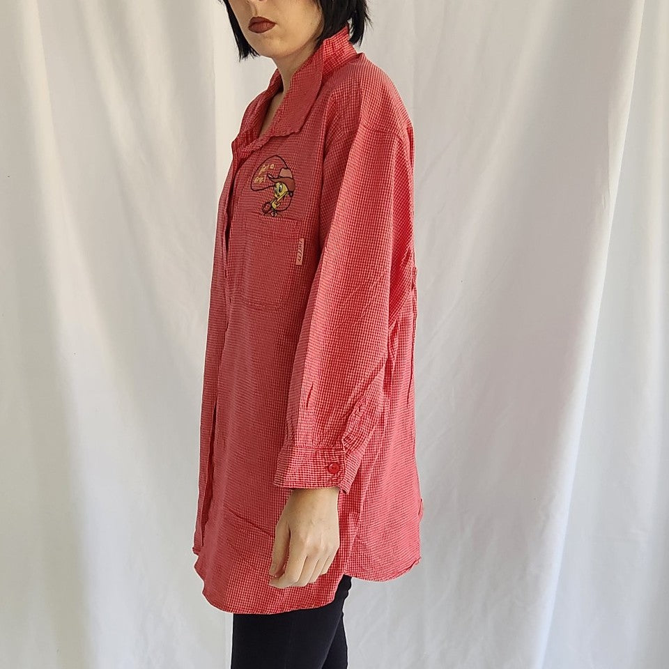 90s/Y2K Red Plaid Western Tweety Bird Shirt