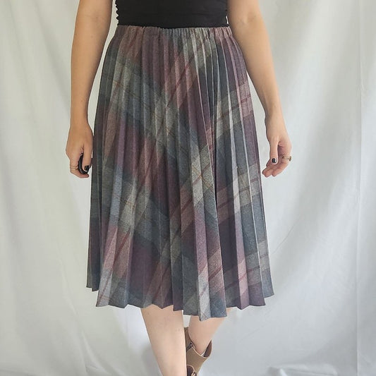 70s Gray and Mauve Plaid Pleated Skirt
