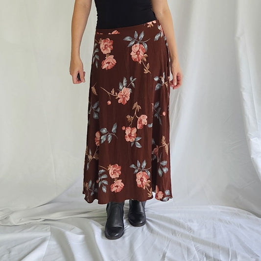 90s/Y2K Brown and Pink Floral Maxi Skirt