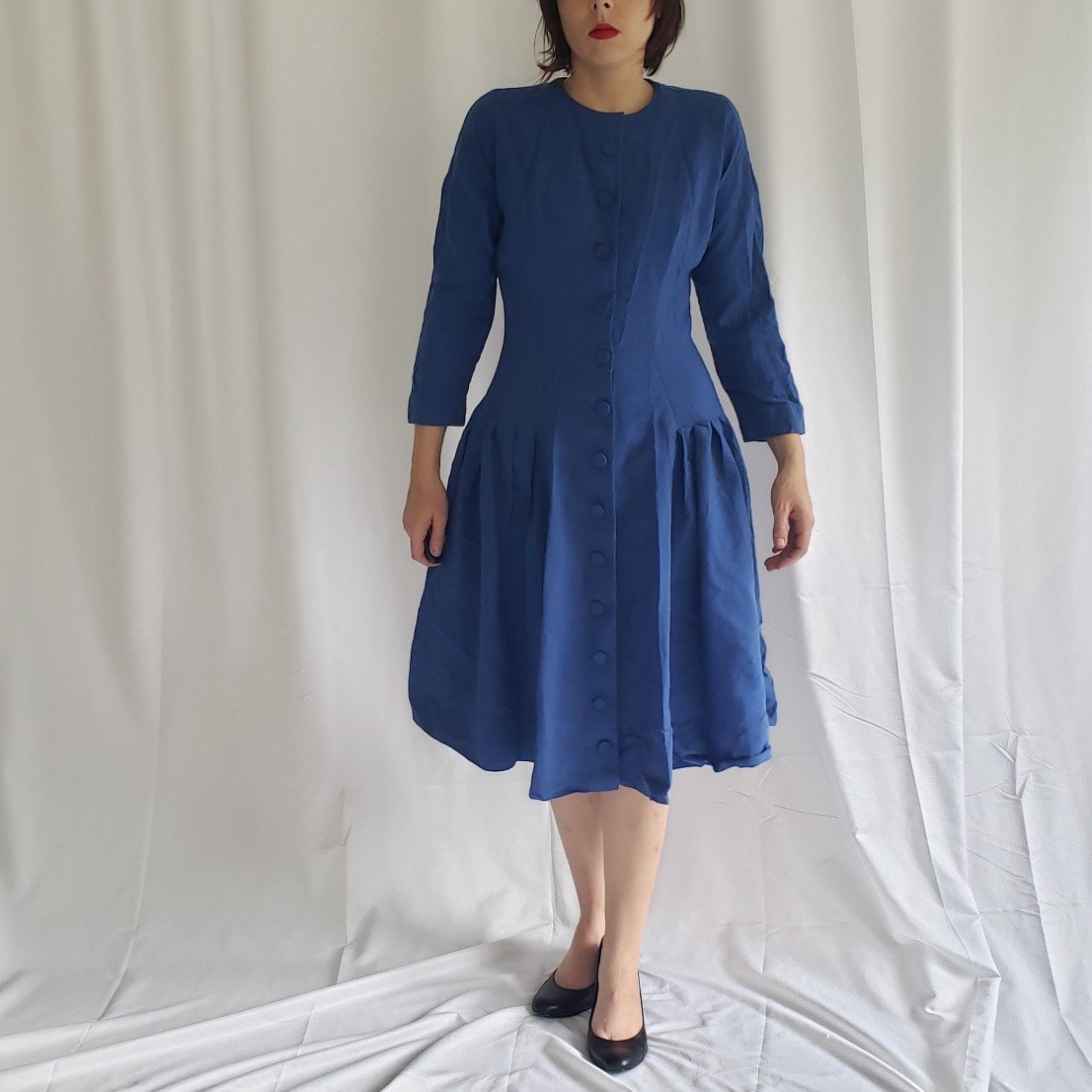 50s/60s Hand Made Blue Wool Button Down Dress