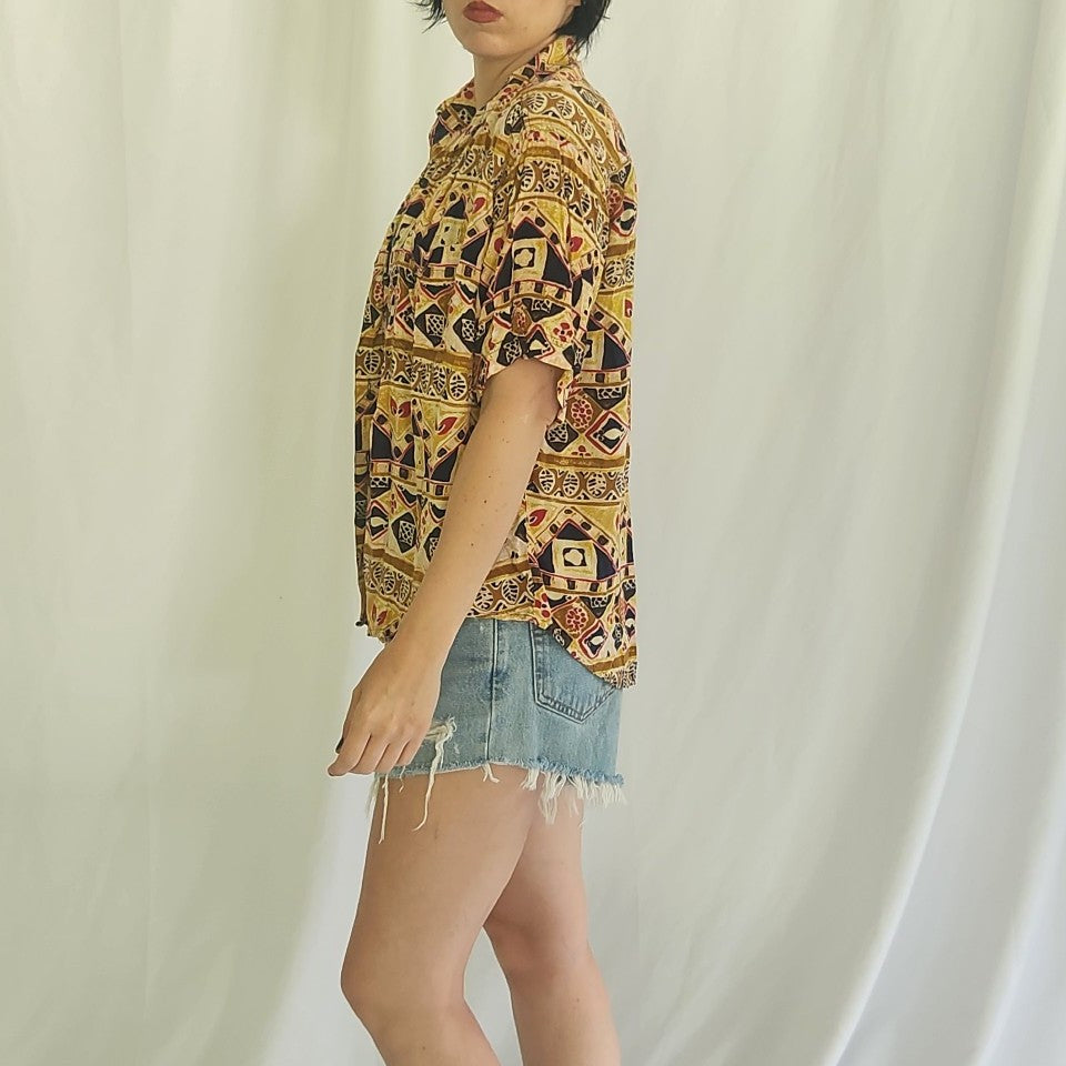 80s/90s Funky Yellow and Tan Rayon Shirt