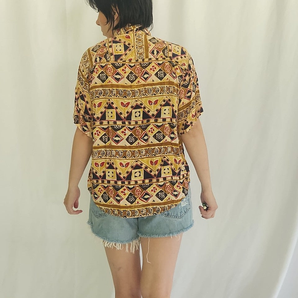 80s/90s Funky Yellow and Tan Rayon Shirt