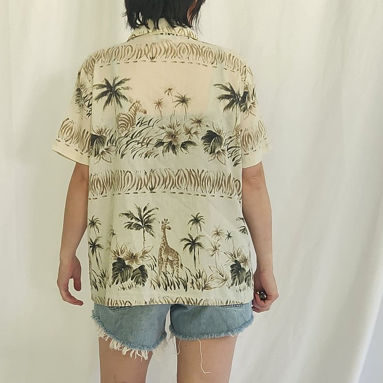 90s Giraffe and Palm Tree Print Shirt