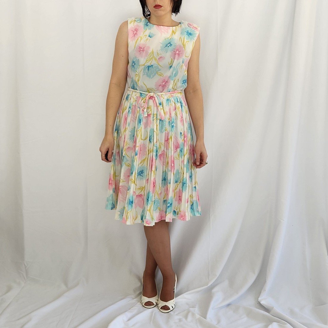 60s/70s White, Blue, and Pink Floral Dress