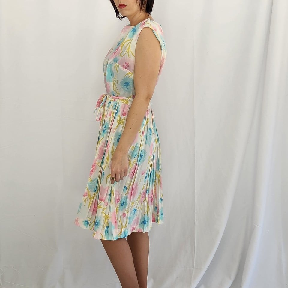 60s/70s White, Blue, and Pink Floral Dress