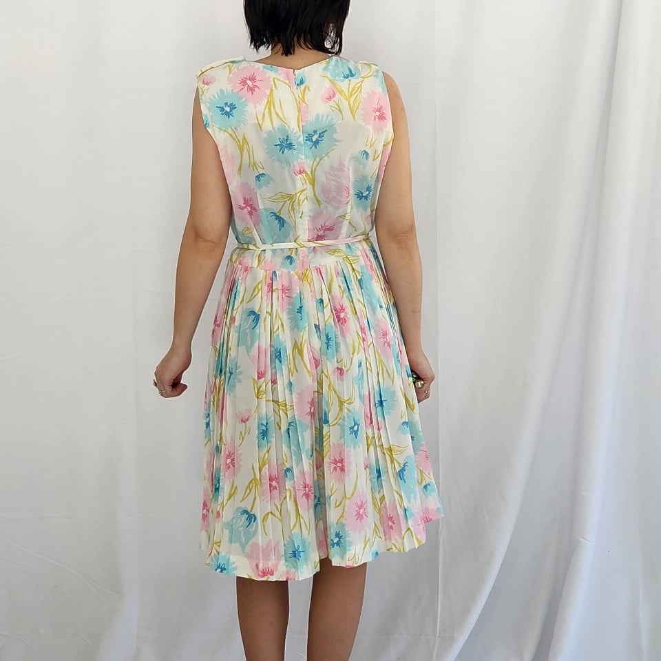 60s/70s White, Blue, and Pink Floral Dress