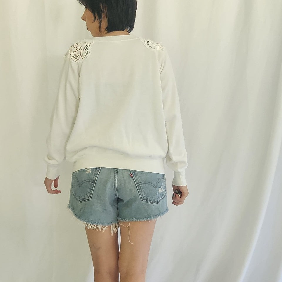 90s White Crew Neck Sweatshirt with Crochet Details
