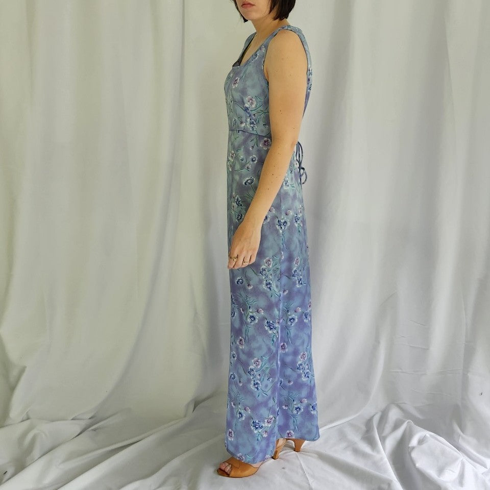 90s/Y2K Satin Blue Floral Dress