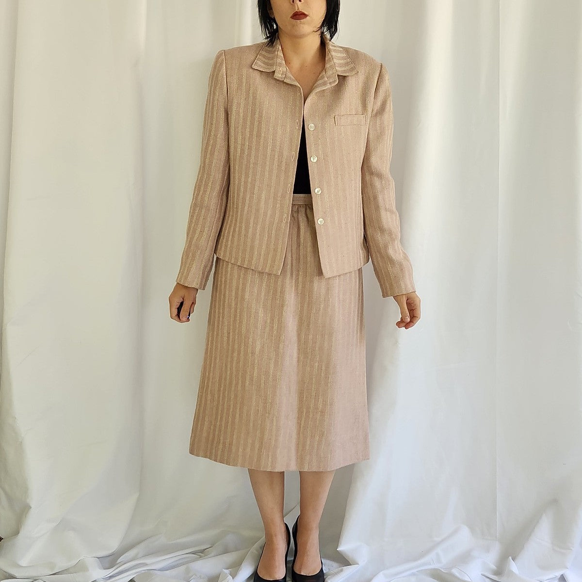 80s/90s Pink and Cream Striped Skirt Suit