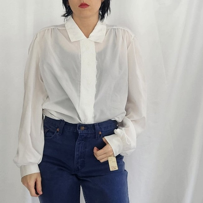 80s Deadstock White Blouse with Lace