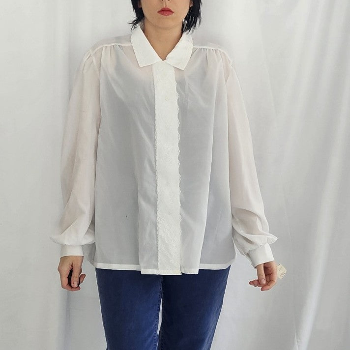 80s Deadstock White Blouse with Lace