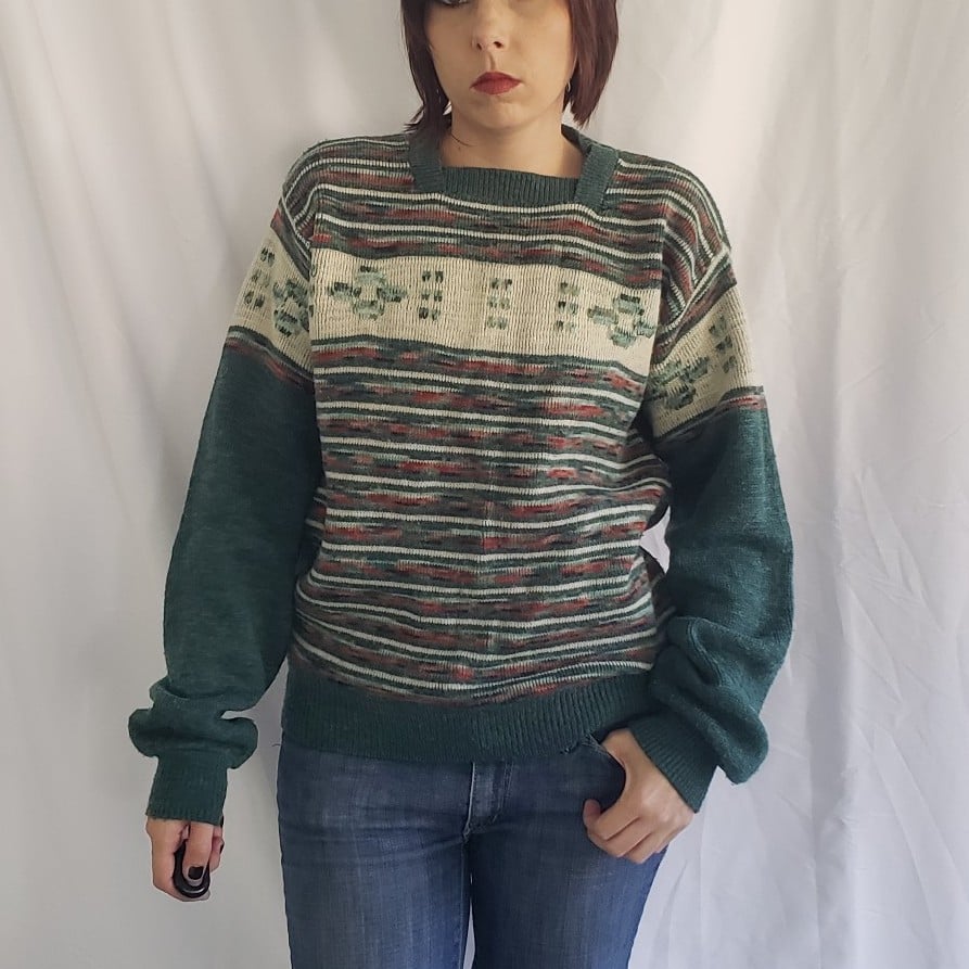 70s Green, White, and Orange Square Neck Sweater